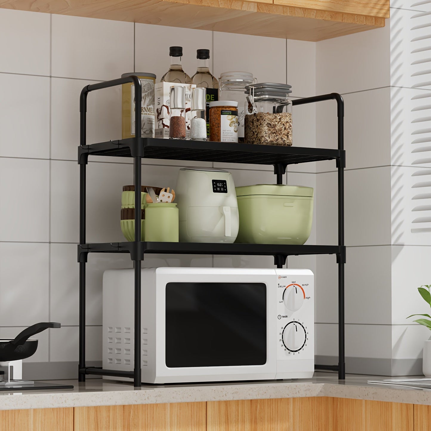 Multi-functional Kitchen Organizer with Handle & Hooks - Durable Plastic/Metal, Adjustable Shelves for Organizing Microwave, Oven & Other Items - Ideal for Countertops, Bedroom & Bathroom Storage Needs