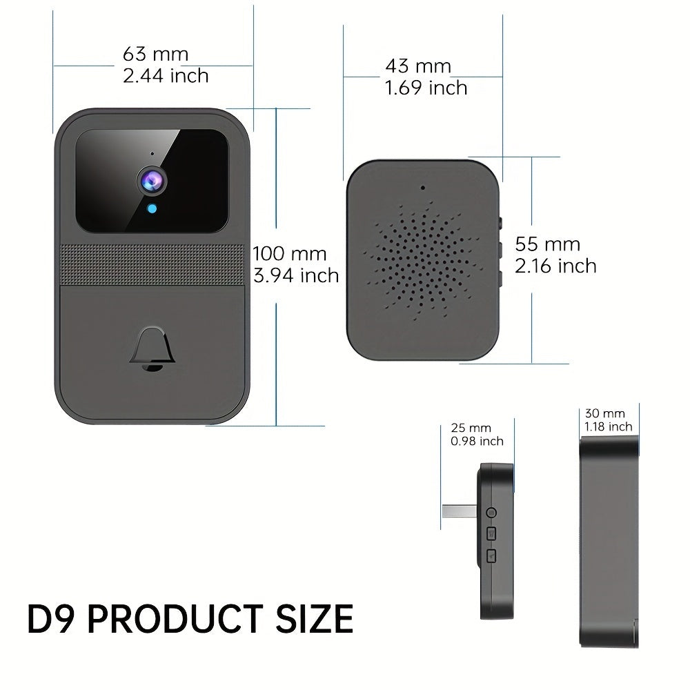 SELFIECOM D9 Smart Video Doorbell with features including 2.4 GHz Wi-Fi, 480p Video, Built-in Microphone, Night Vision, Button Control, Wall Mount, Battery Operated, App Enabled Intercom