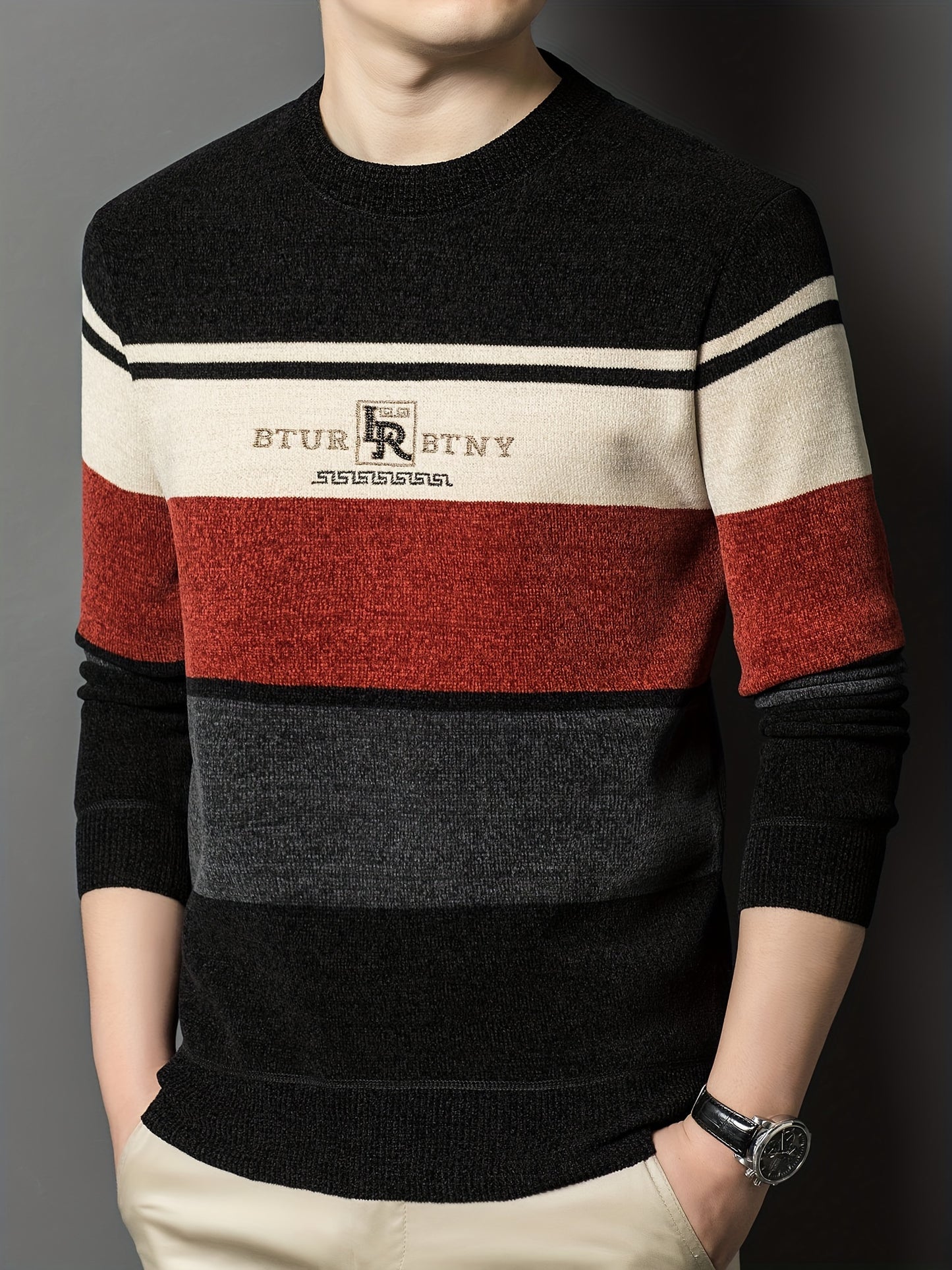 Men's winter crew neck sweater with striped design, thick polyester material, casual round neck, regular fit, long sleeves, ribbed hem and cuffs, fashionable letter pattern, provides winter