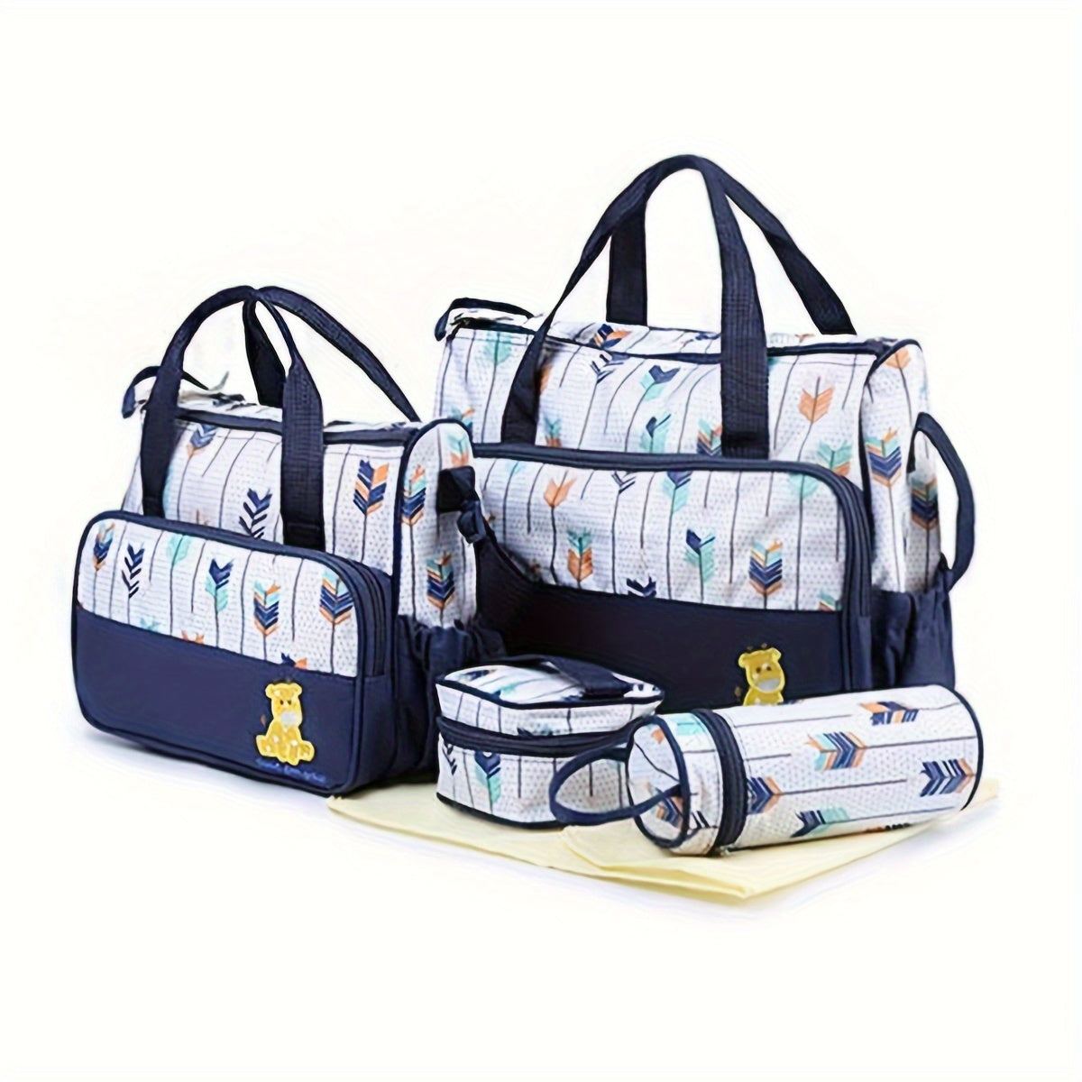 5-Piece Chic Geometric Print Parent Bag Set - Stylish and Functional Diaper Bags with Shoulder Strap for Busy Parents