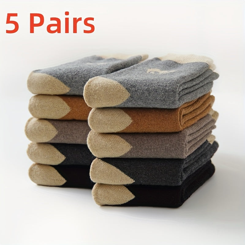 5 pairs of men's comfortable camel pattern thermal crew socks made from a cotton blend knit fabric with polyester and elastane for warmth and comfort.