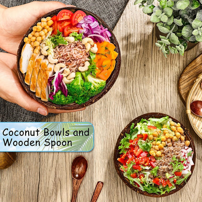 one set of 4: two coconut bowls, two wooden spoons, ideal for healthy vegetarian salads and ice cream, made from natural coconut.