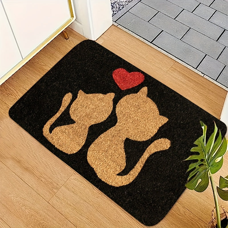 Heart Design Doormat with Cute Cat - Easy to Clean, Machine Washable, Stain Resistant, Polyester Rectangular Rug for Bedroom and Farmhouse Entryways.