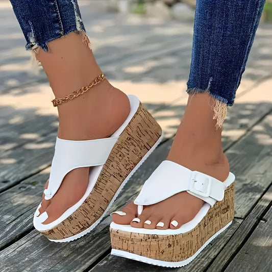 Women's vintage style platform sandals, all-season mid heel flip flops with clip toe, slip-on design, comfortable man-made materials with PU sole.