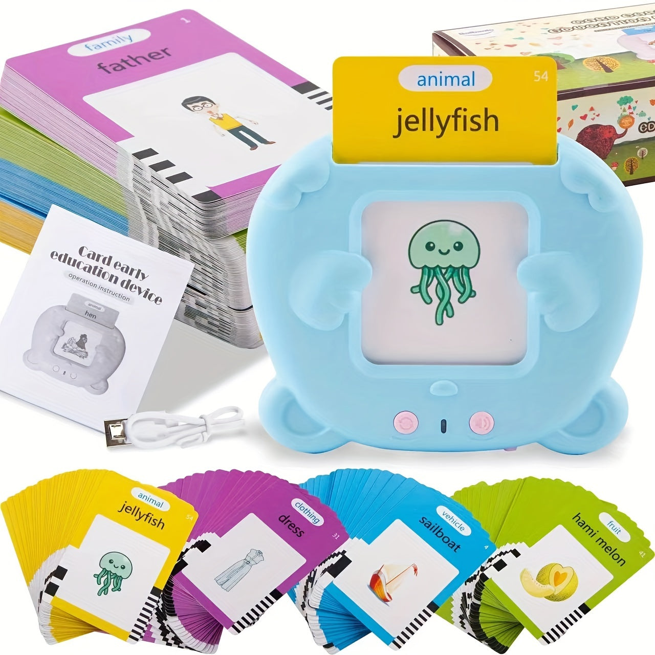 224 out of 510 words describe the Youngsters Talking Flash Card Reader. This product includes 112 double-sided cards in both blue and pink colors. It is rechargeable and serves as an educational interactive toy for children aged 3 and up. The Learning