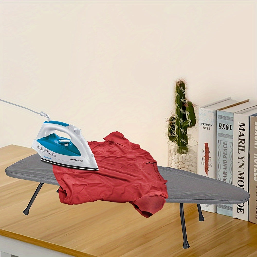 An ironing board for desktop use that is made of iron, compact, and foldable for convenient storage and transport. Features a surface made of needle cotton fabric that can withstand high temperatures, making it ideal for both home and travel use.