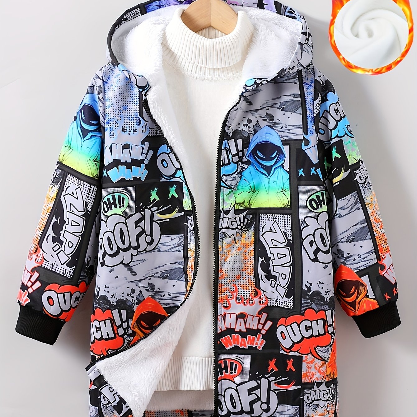 Boys' trendy hoodie with comic-style print and vibrant graffiti design for Fall/Winter.