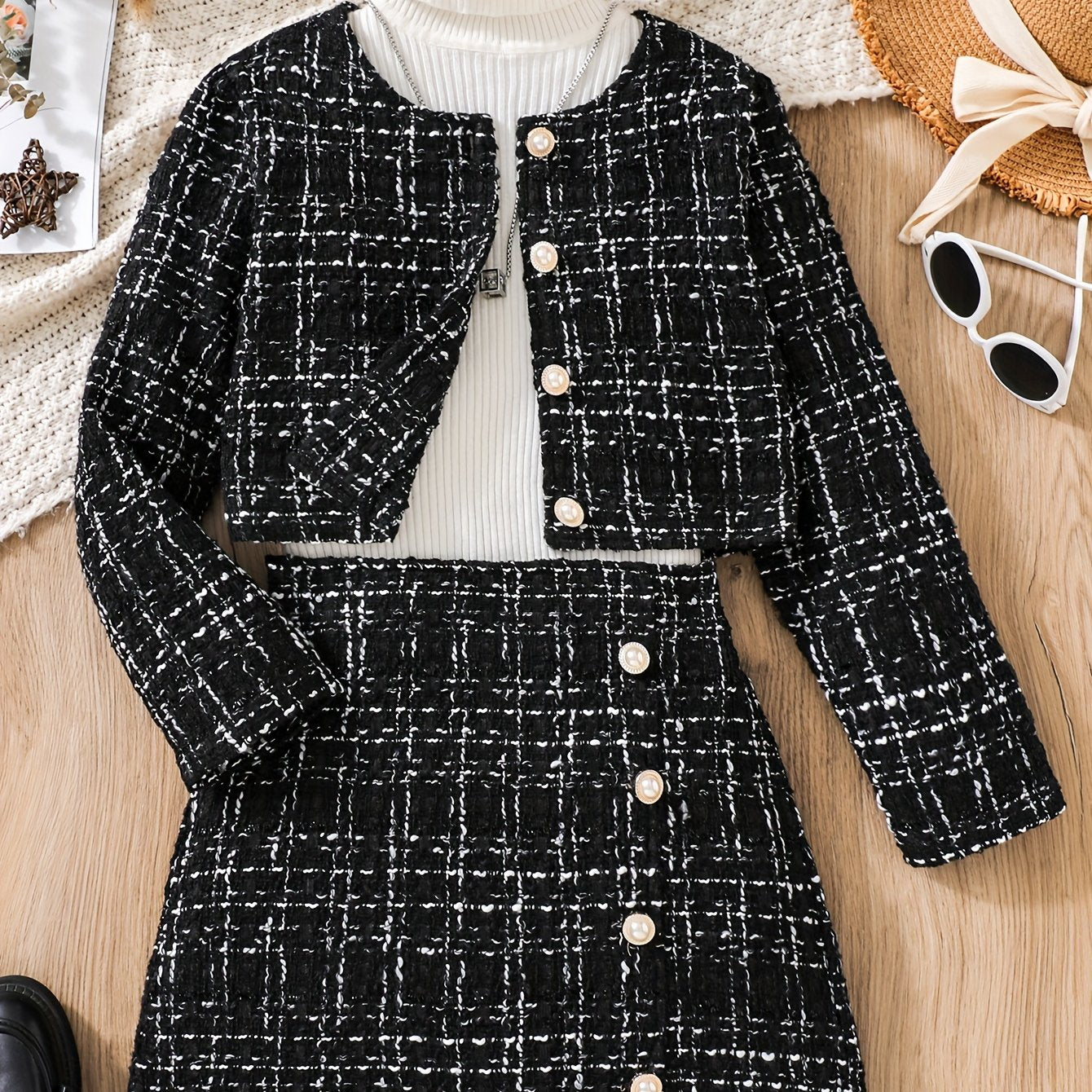 Elegant tweed knit plaid jacket and skirt set for girls, perfect for spring and fall outdoor wear