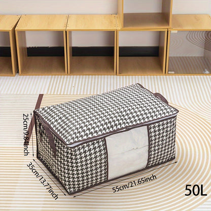 Lightweight portable storage bag with houndstooth window design, large-capacity wardrobe organizer for travel and clothing essentials.