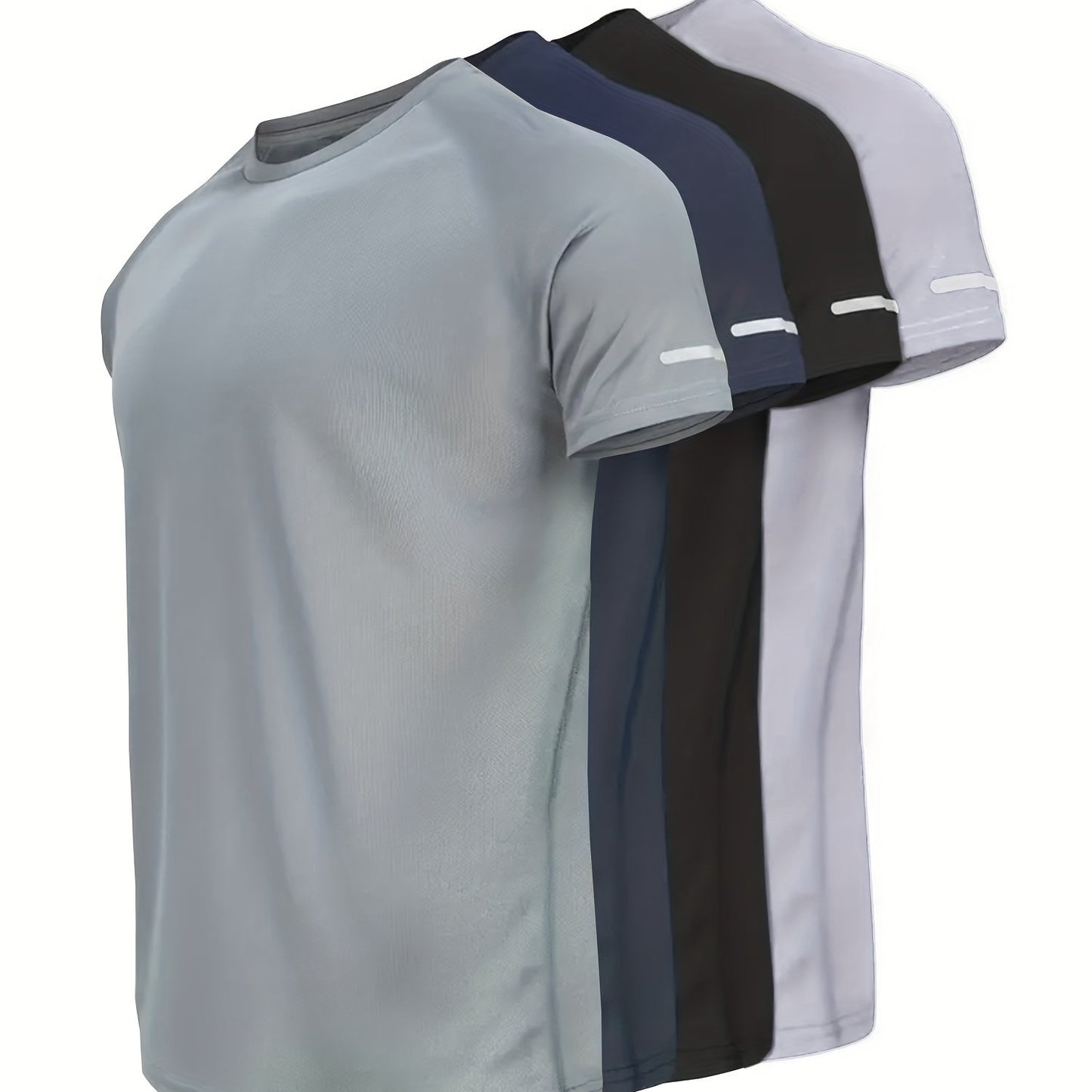 4 Men's Solid Sports T-shirts with Reflective Strips, Breathable and Quick Dry, Perfect for Gym and Running