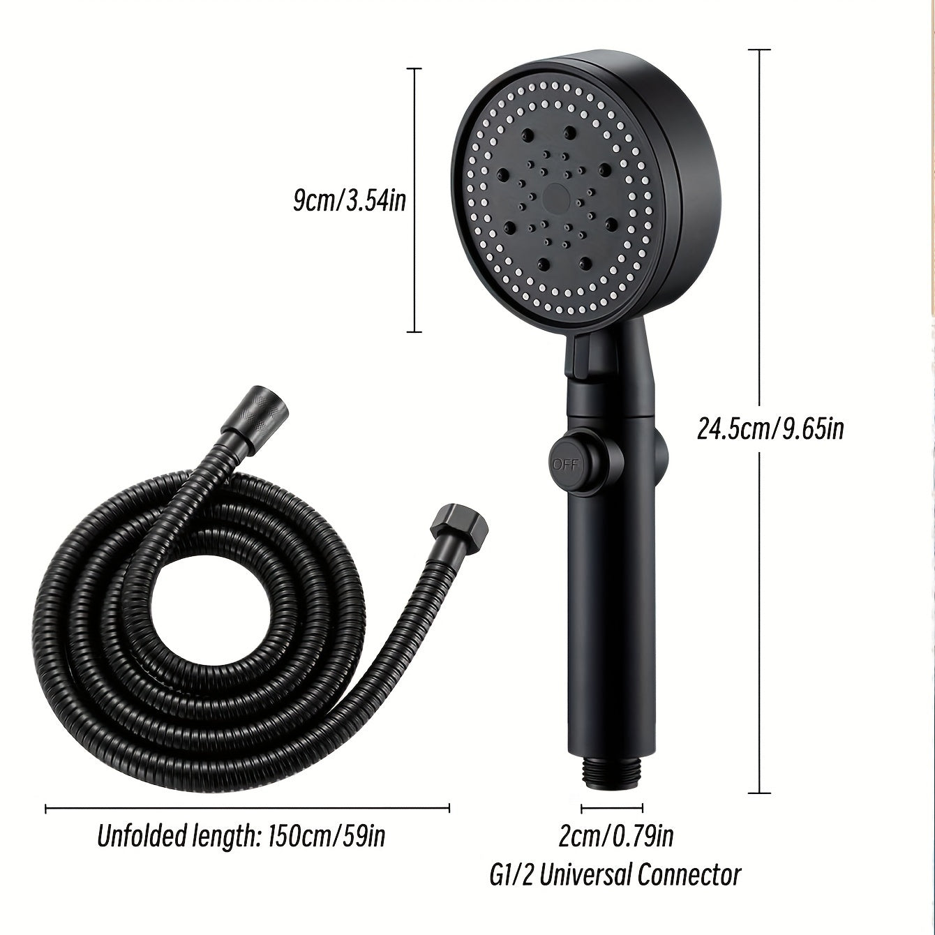 Shower head with 5 functions and on/off button, includes high pressure feature and 1.5m hose.