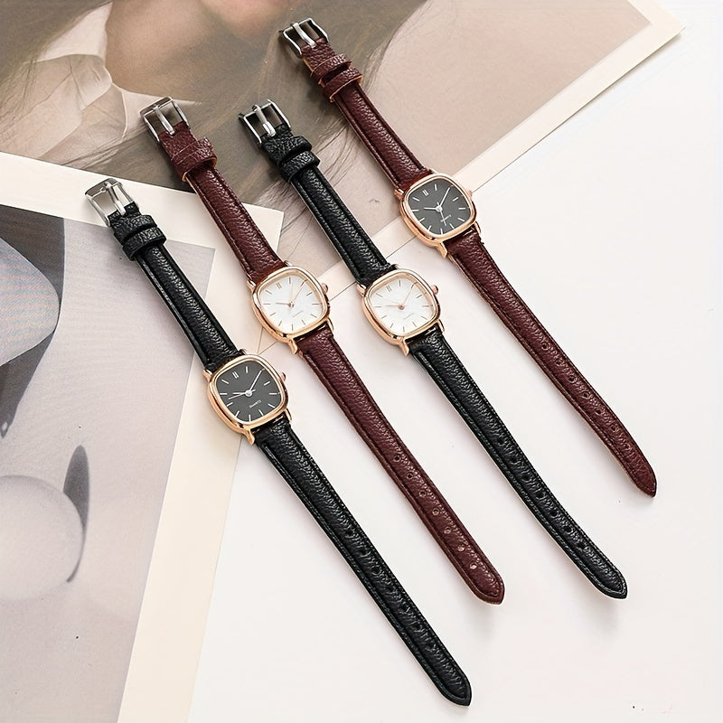 Elegant women's wrist watch with synthetic leather band, quartz movement, rectangular dial, pointer display, electronic drive, button battery powered.