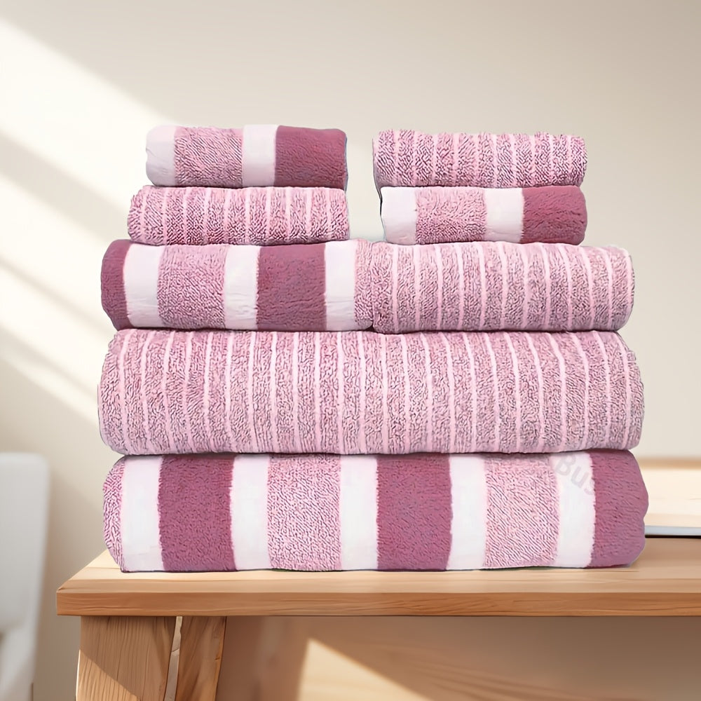 Set of 8 soft coral velvet towels, including 2 bath towels, 2 hand towels, and 4 square towels. Absorbent and quick-drying, suitable for household and travel use. Great for bathrooms, schools, and guests.