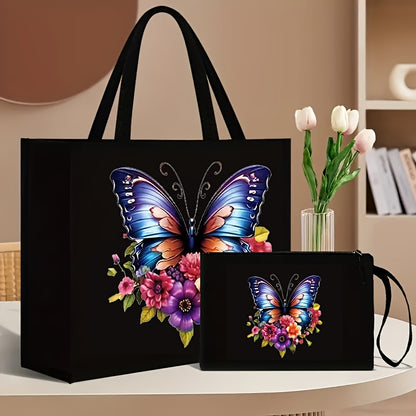 Set includes 2 floral and butterfly print tote bags with matching wallet, made of durable canvas material. Features magnetic snap closure and foldable design for shopping and travel, with