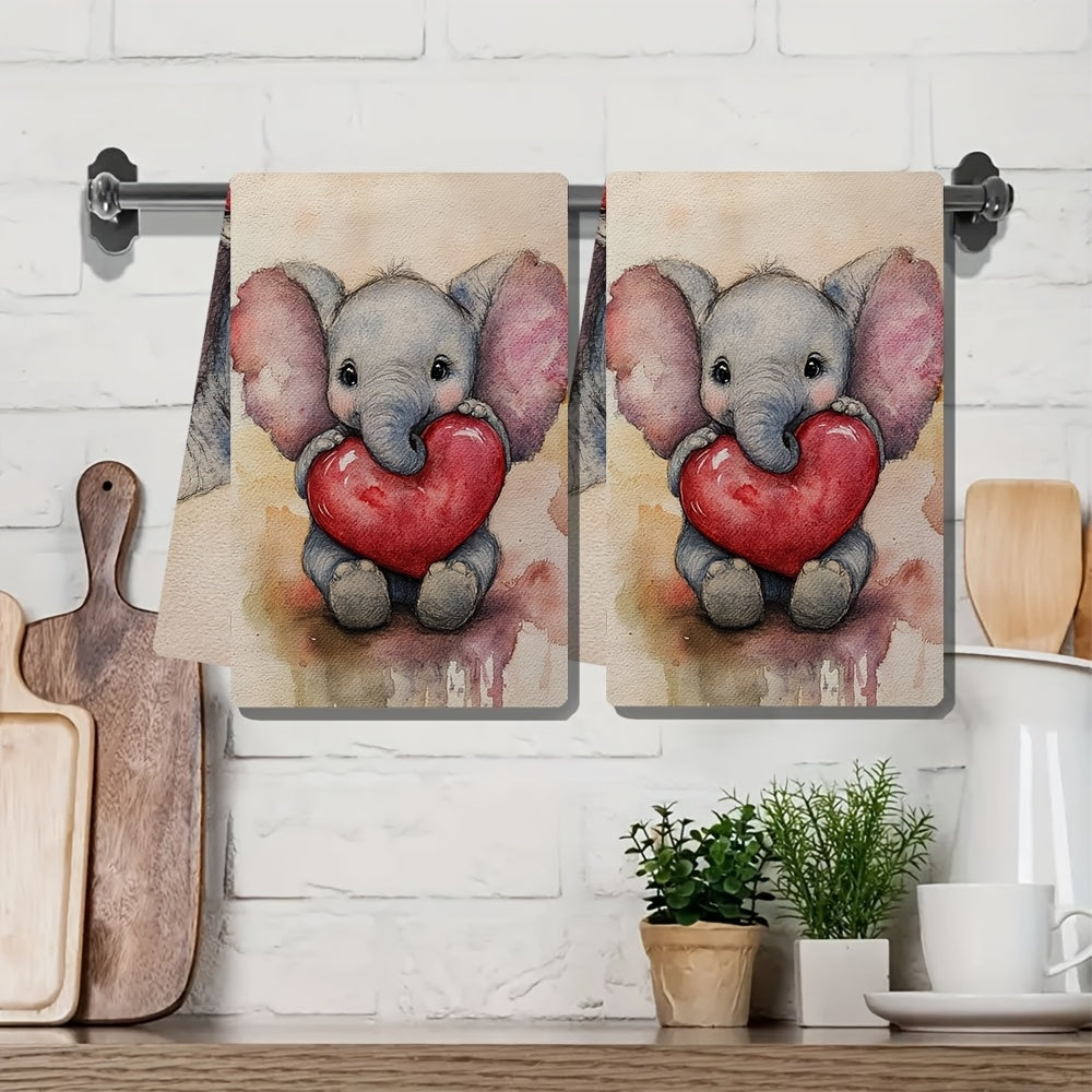 Pair of 2 incredibly soft kitchen towels with a charming baby elephant print, great for celebrating Valentine's Day. These super absorbent dish towels are easy to clean in the washing machine and come in a generous size of 40.64x60.96 cm, making them