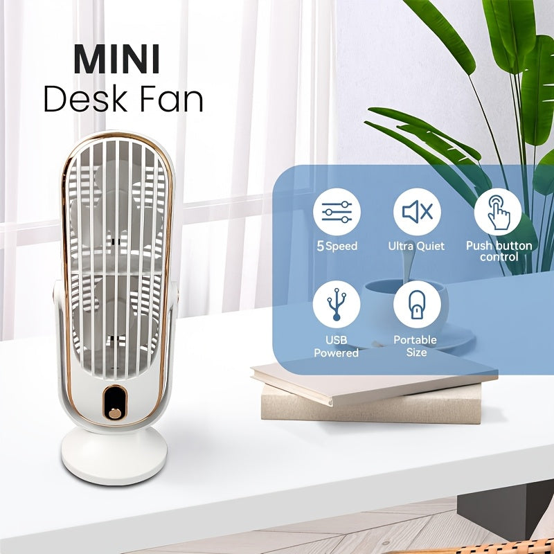 Compact and stylish USB desk fan in Blue & Copper color scheme features 5-speed adjustment and LED display. This sleek fan is perfect for home and office use, providing cooling for bedrooms and desks. Equipped with a rechargeable 1200mAh battery, it is