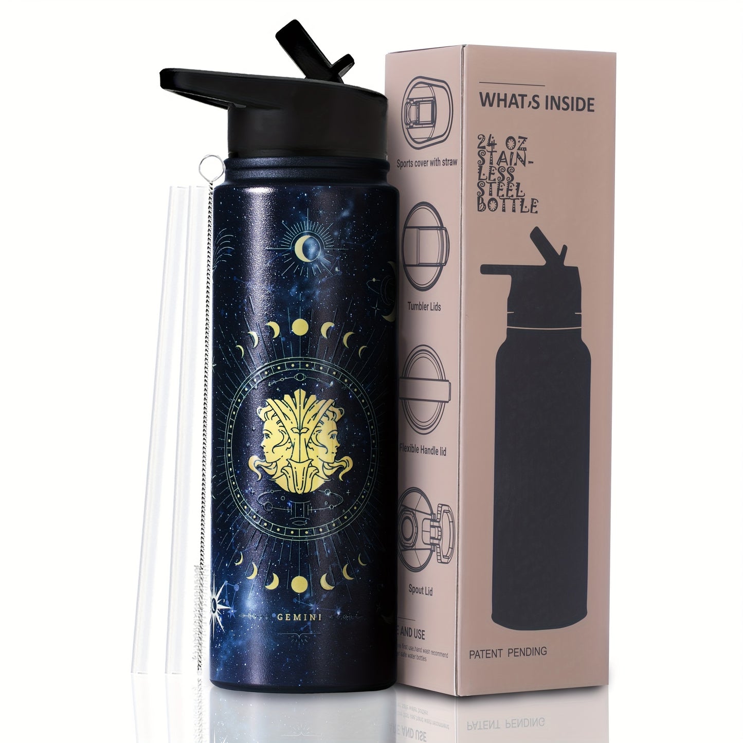 1pc Stainless Steel Zodiac Water Bottle with Lid, Straw, and Double Wall Vacuum Insulation - Ideal for Travel, Outdoor Activities, or as a Birthday Gift. Great for Halloween parties or as room decor.