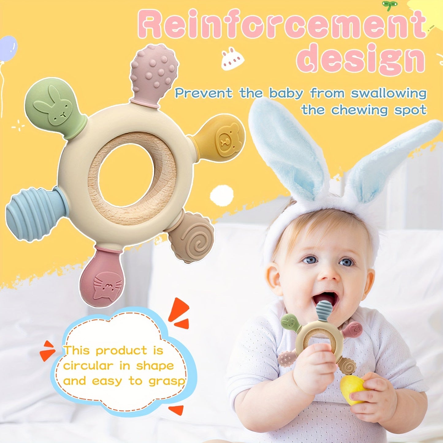 TYRY.HU Wooden Ring Silicone Teething Toy - BPA-Free, Safe and Non-Toxic Teether for Kids, Perfect for Christmas and Thanksgiving Presents