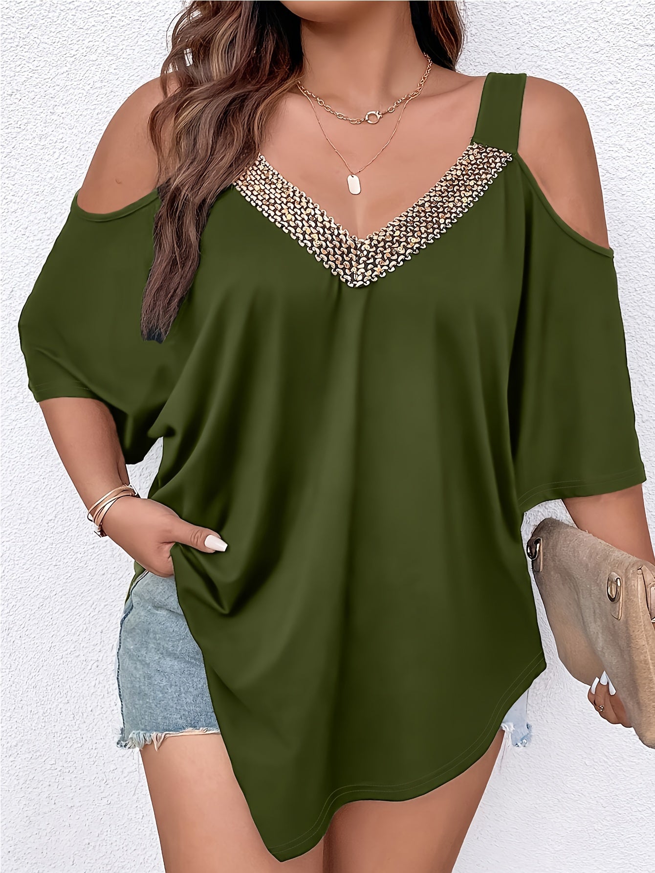 Cold shoulder V neck T-shirt, asymmetrical hem top for spring & summer, women's plus size clothing.