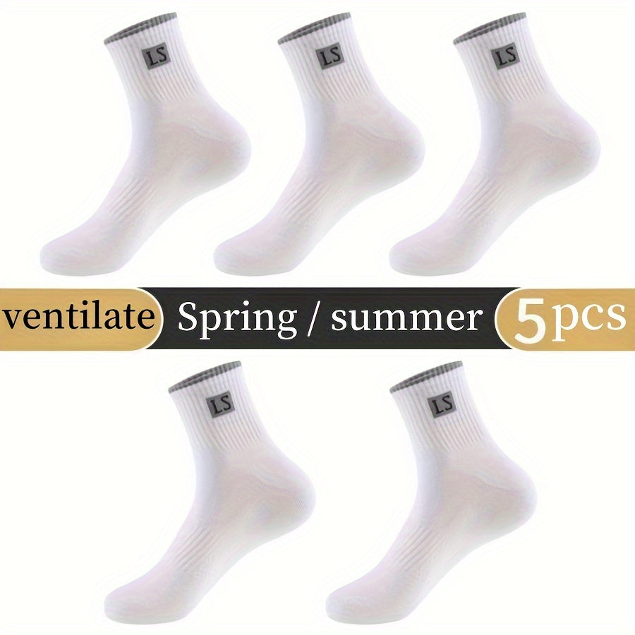 5 pairs of men's trendy solid crew socks, breathable and comfy for outdoor and all-season wear.