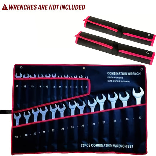 Durable tool roll pack with 25 pockets for wrenches, ratchets, and pliers. Features heavy-duty suspension design, safety strap closure, and convenient handle. Ideal for craftsmen.