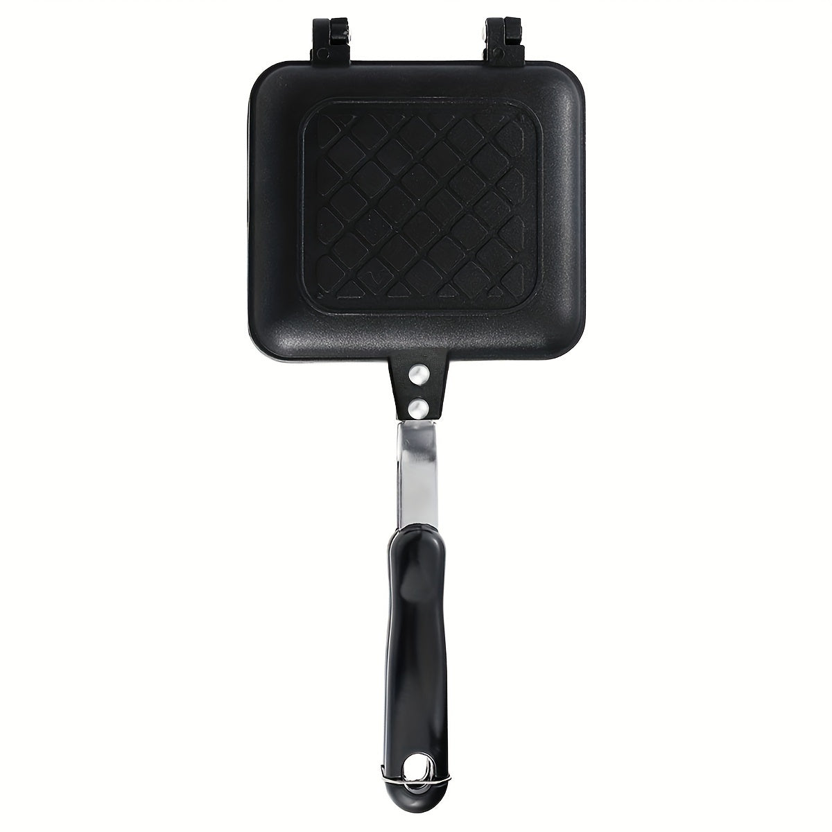 Double sided bread frying pan with non-stick surface and a barbecue plate. This versatile kitchen tool can be used as a sandwich toaster, mold, toastie maker, and waffle maker. It is heat-resistant and perfect for various purposes in the kitchen, school