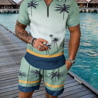 Men's casual palm tree print shirt and shorts set made of summer knit polyester with zipper detailing and turn-down collar - perfect for beachwear.