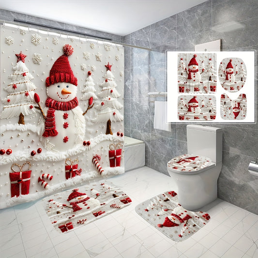 Christmas snowman shower curtain set with bath mat, toilet lid cover, and rug made of polyester fabric featuring a digital print design. Waterproof and cordless design with 12 hooks included.