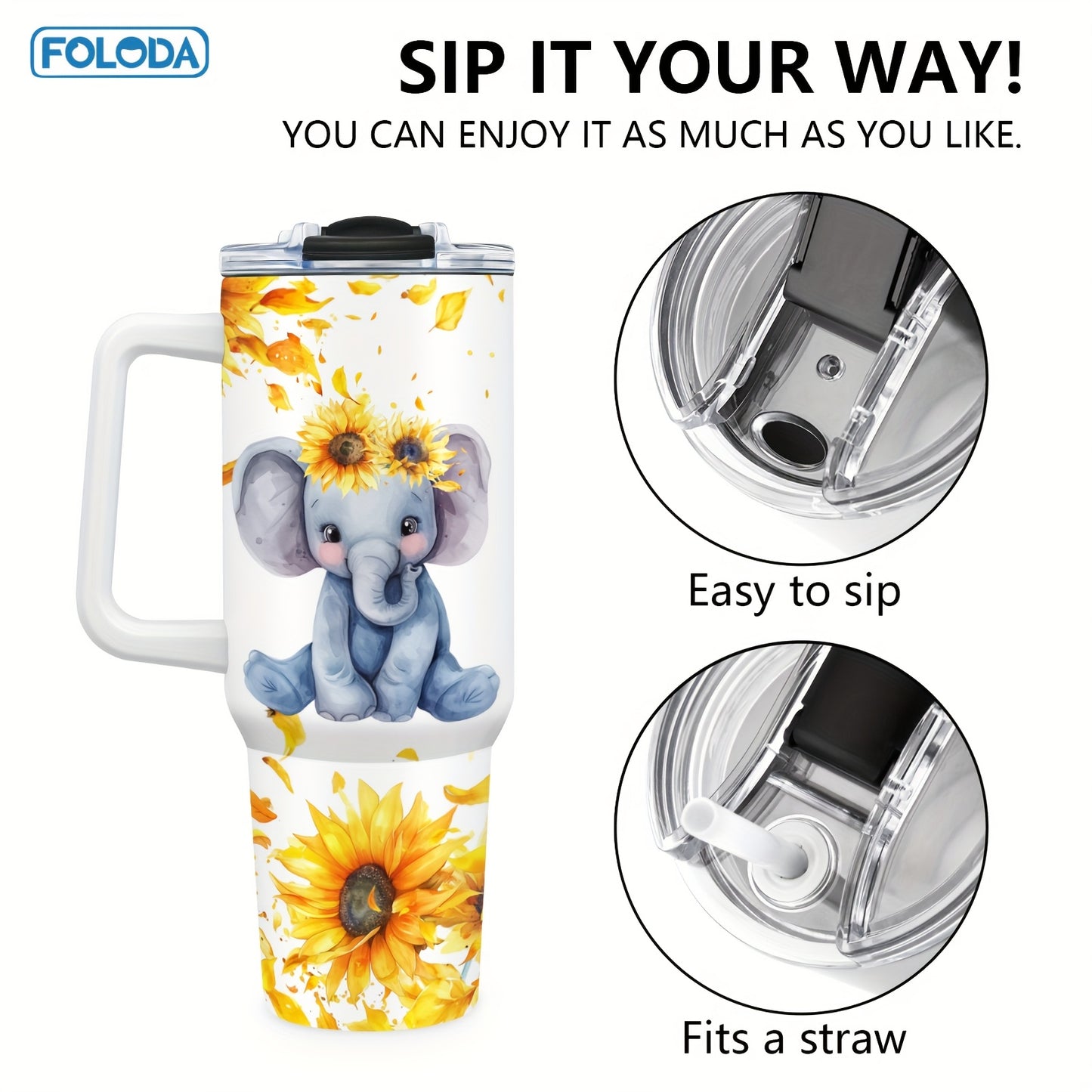 Foloda Cute Elephant 40oz Stainless Steel Tumbler: Perfect Gift for Elephant Lovers. Ideal for Wife, Mom, Daughter, Sister, Grandma. Great for Outdoor Camping.