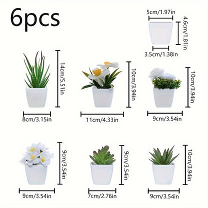 6pcs Artificial Succulents & Flowers in White Pots - Ideal for Home & Office Decor | Realistic & Versatile Mini Plants for All Seasons