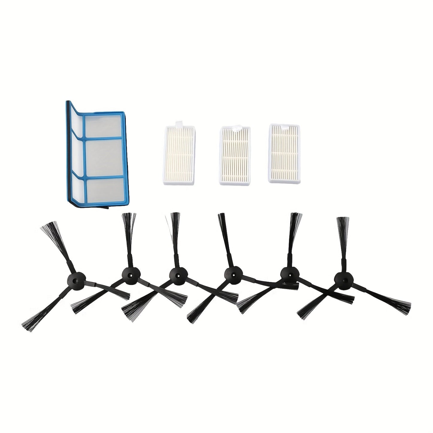 Set of vacuum cleaner accessories including one primary filter net, three filter mesh pieces, and six side brushes.