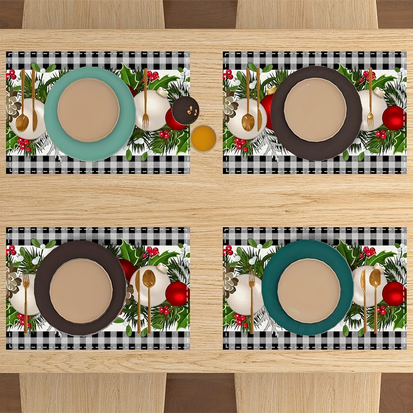 Farmhouse style Christmas placemats in red and black buffalo check plaid set of 4, measuring 30.48x45.72cm.