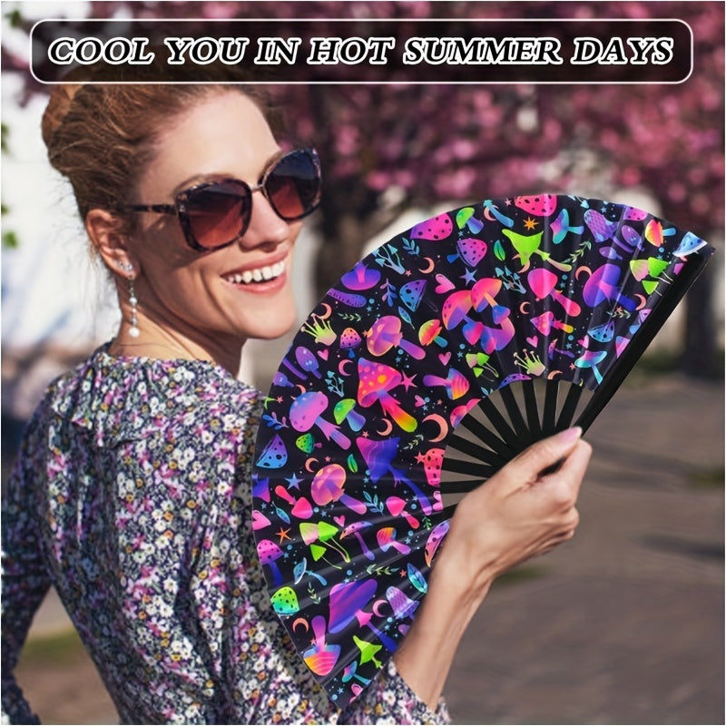 Bamboo Hand Fan with UV Glow Mushroom Design - Ideal for Music Festivals, Raves, Disco Parties, and Neon Events