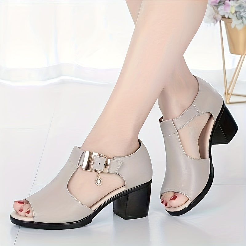 Stylish black peep-toe sandals with chunky heel, golden buckle strap, cut-out design, and high heel; perfect for casual summer outdoor wear.