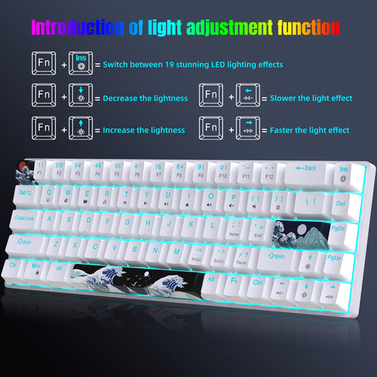 HXSJ ergonomic wired mechanical gaming keyboard with 68 keys, PBT custom dye sublimation keycaps, backlit, USB powered, includes USB cable and keycap puller, for computers/laptops.