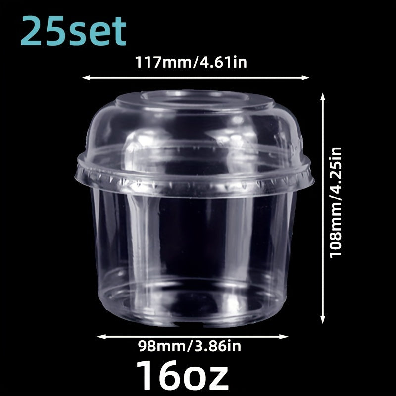 25 sets of clear plastic dessert cups with lids made from PET material, designed for reuse. These round candy packaging boxes are perfect for cakes, sweets, and fruit. They are transparent food containers suitable for both home and party use.