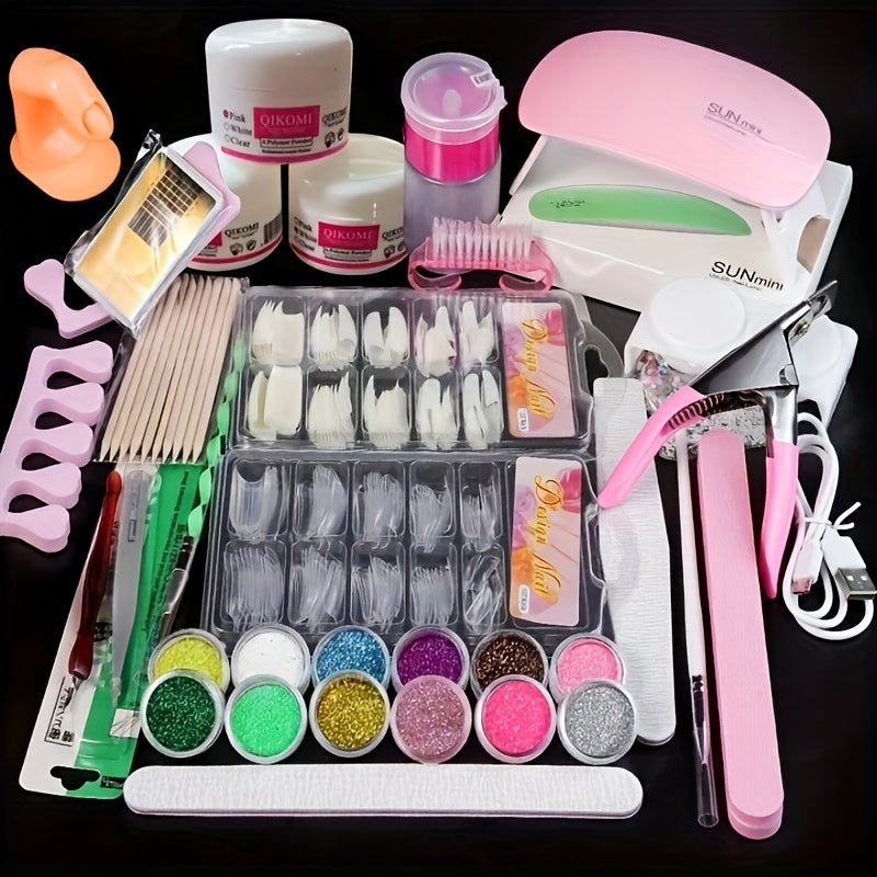 Acrylic Nail Kit for Beginners with Glitter Powders, Extension Tools, USB Lamp, Manicure Set, and Gift for Women