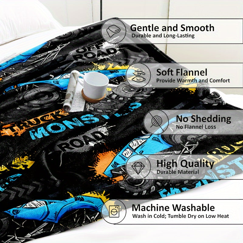 Stay Warm and Cozy with our Monster Truck Flannel Blanket - Perfect for Bed, Sofa, or Home Decor, Provides Year-Round Comfort and Durability