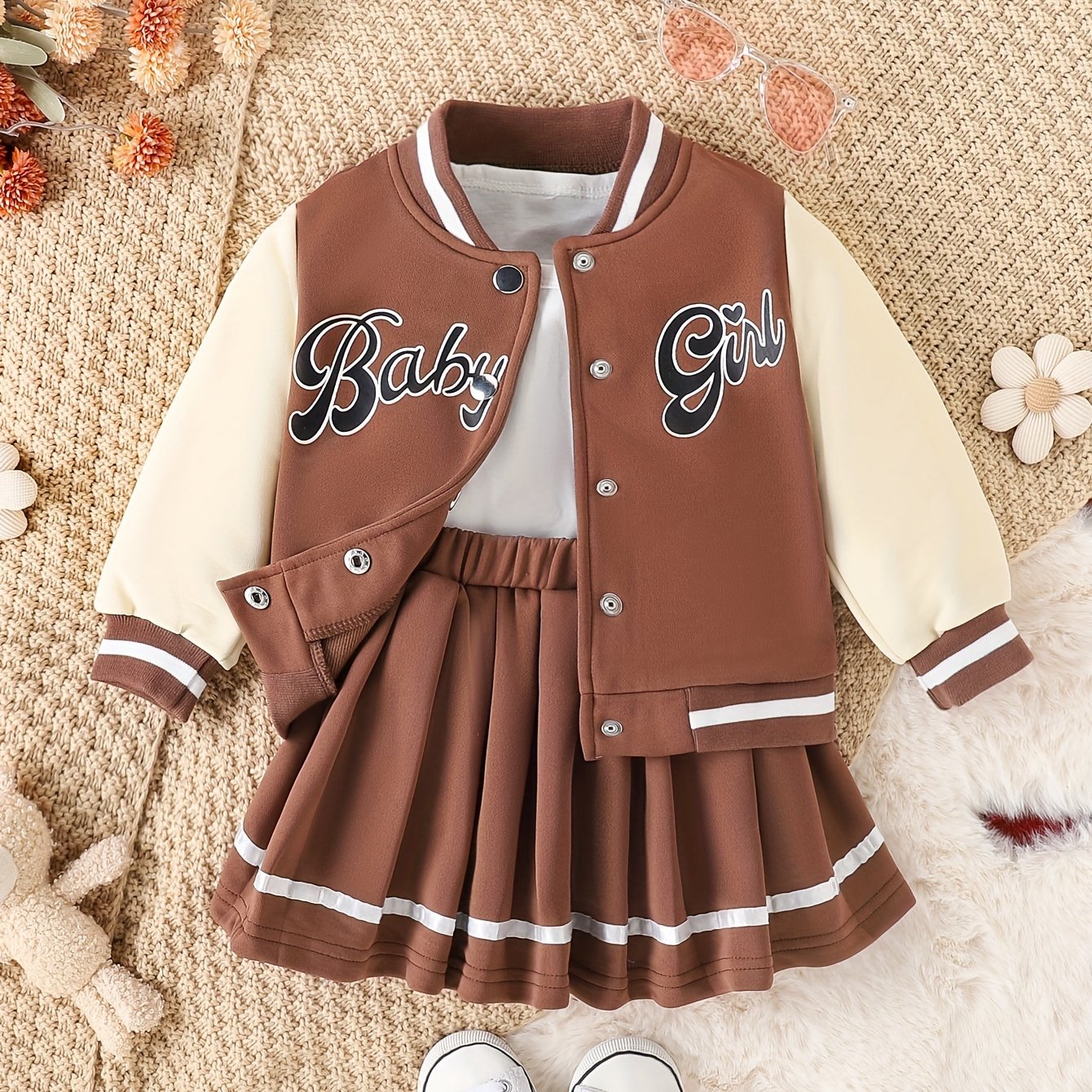 Preppy Style 2-piece BABY GIRL Print Baseball Jacket and Pleated Skirt Set for Parties and Sports, a perfect gift idea.