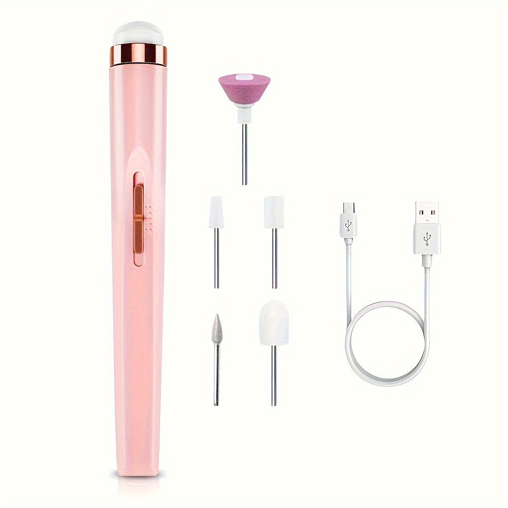 Portable electric nail drill with 5 attachment bits, LED light, adjustable speed, USB charge for manicure and nail care.