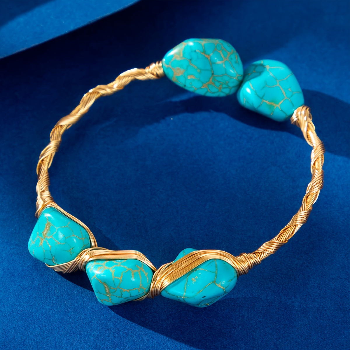 One piece of an exquisite handcrafted copper turquoise bracelet in a bohemian style, featuring a natural stone and adjustable size. Perfect for daily wear and gift-giving, this bracelet is made without any mosaic material.