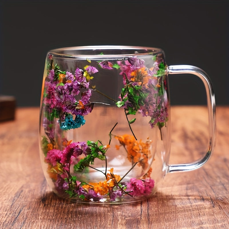 Double-layered glass coffee cup with flower design, suitable for office and home use, reusable.