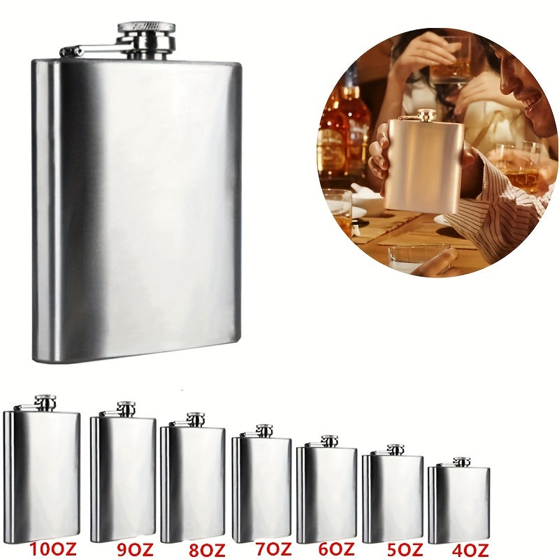 Portable stainless steel hip flask for alcohol, with screw cap and pocket-sized design for outdoor use.