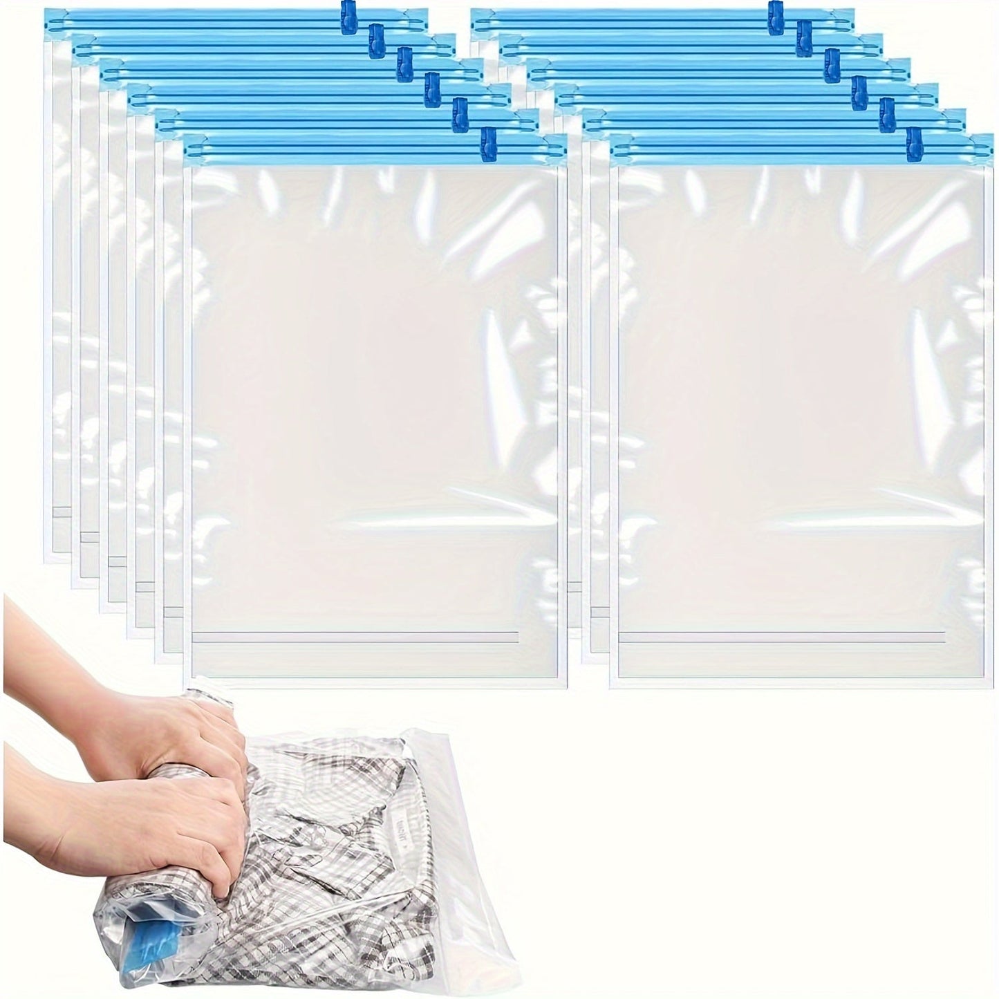 Twelve pieces of medium-sized (35.56x50.8cm) reusable compression bags are available. These transparent, durable, and waterproof bags provide a space-saving vacuum storage solution for travel. No pump is needed for these bags, as they feature an easy