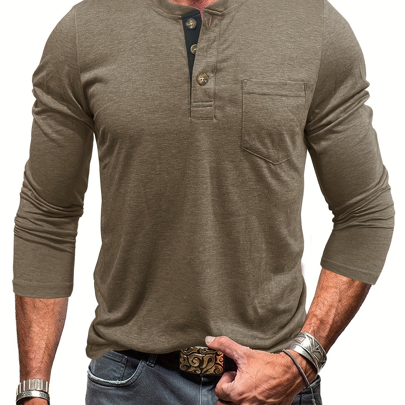 Men's olive green Henley shirt in big & tall sizes, perfect for outdoor activities. Casual, comfy, with stretch and long sleeves.