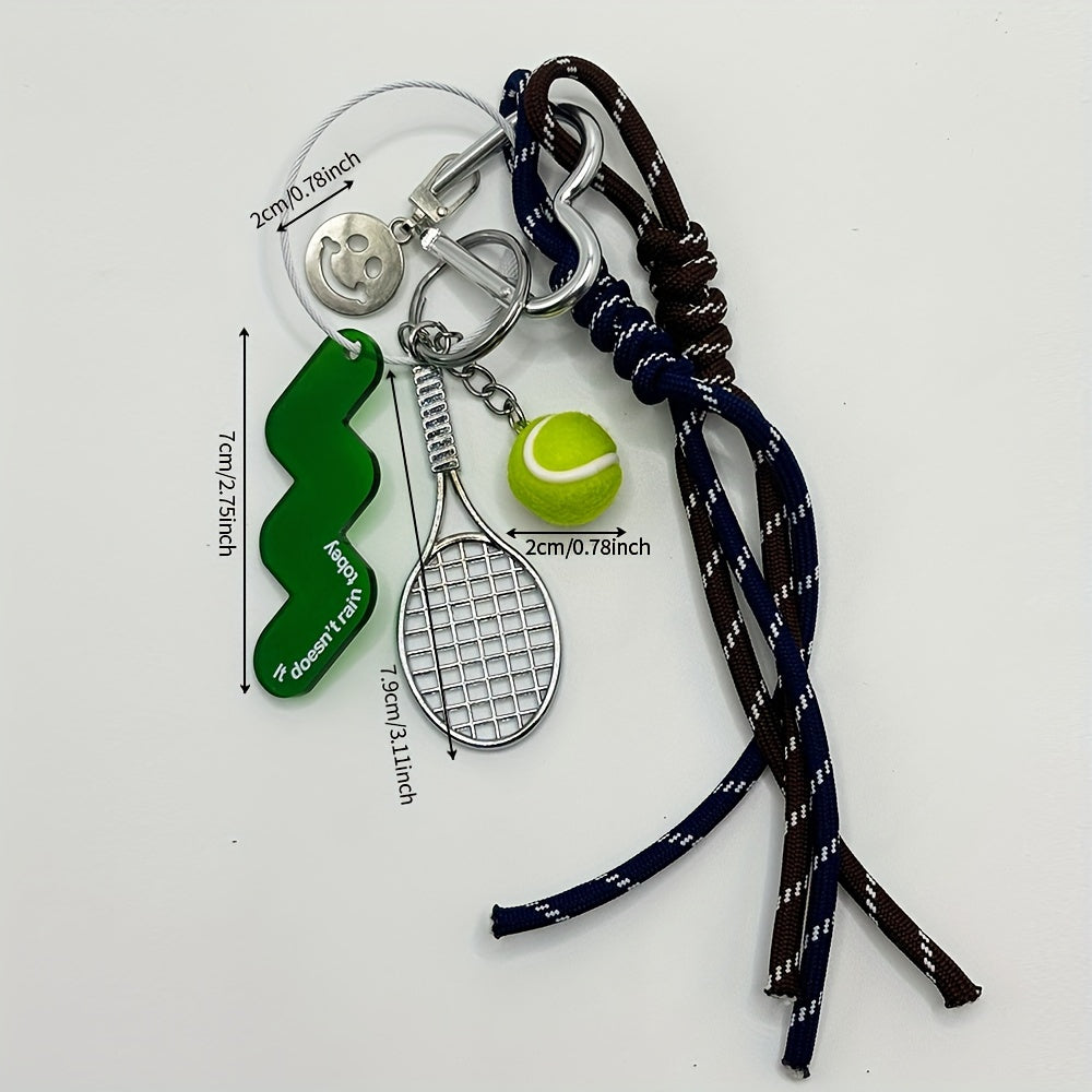 Metal keychain set featuring a tennis racket and ball design with rope accents, perfect for decorating bags with a sports theme. This multi-piece key ring accessory is ideal for attaching car keys and makes for a great Valentine's Day gift.