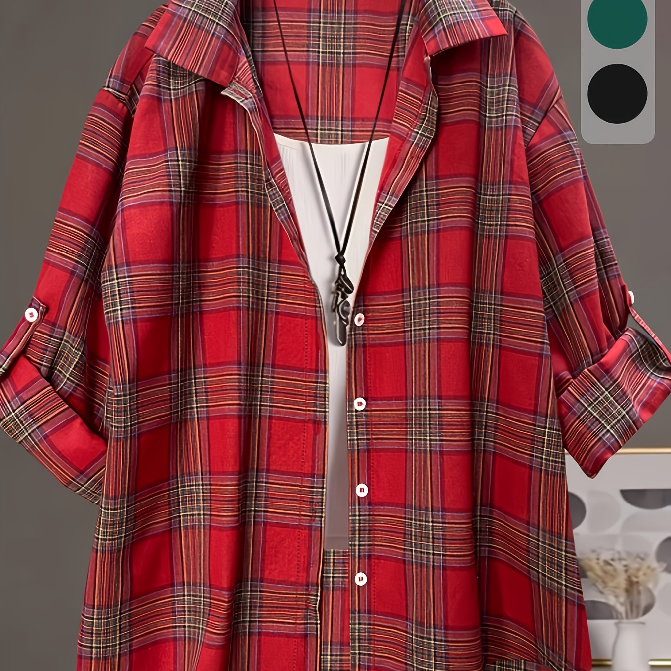 Plaid printed long sleeve lapel shirt for curved women in spring and summer plus sizes.