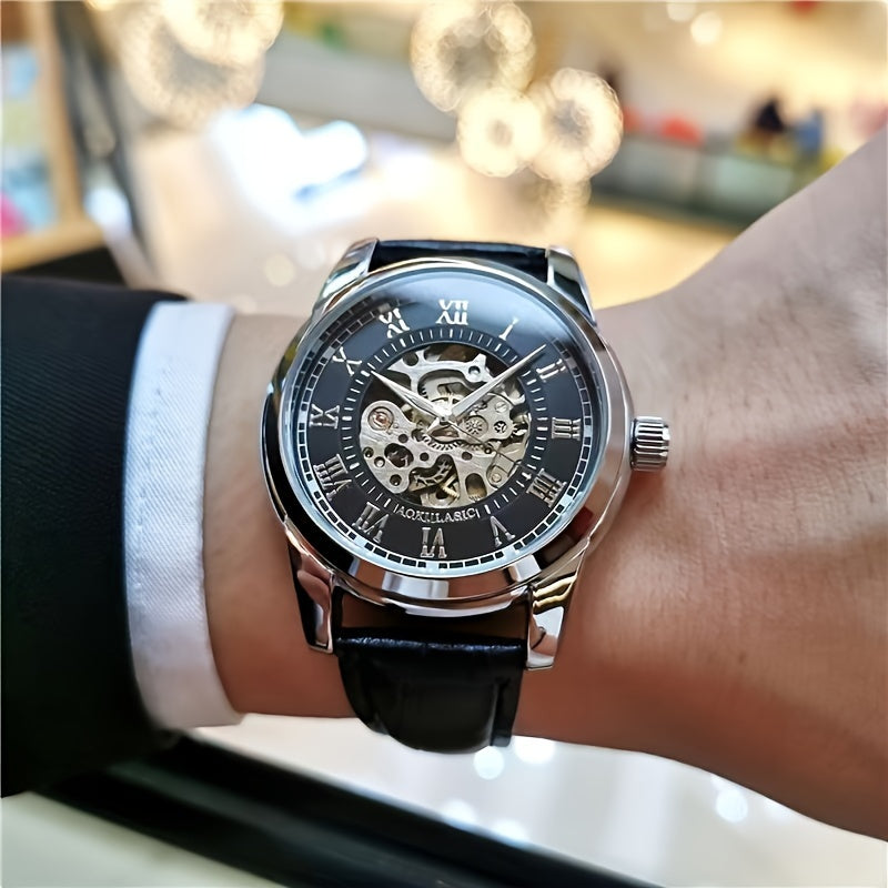 Elegant men's automatic mechanical watch with skeleton design, brown faux leather strap, self-winding. Ideal for business and casual wear, perfect gift for young men. Durable watch band