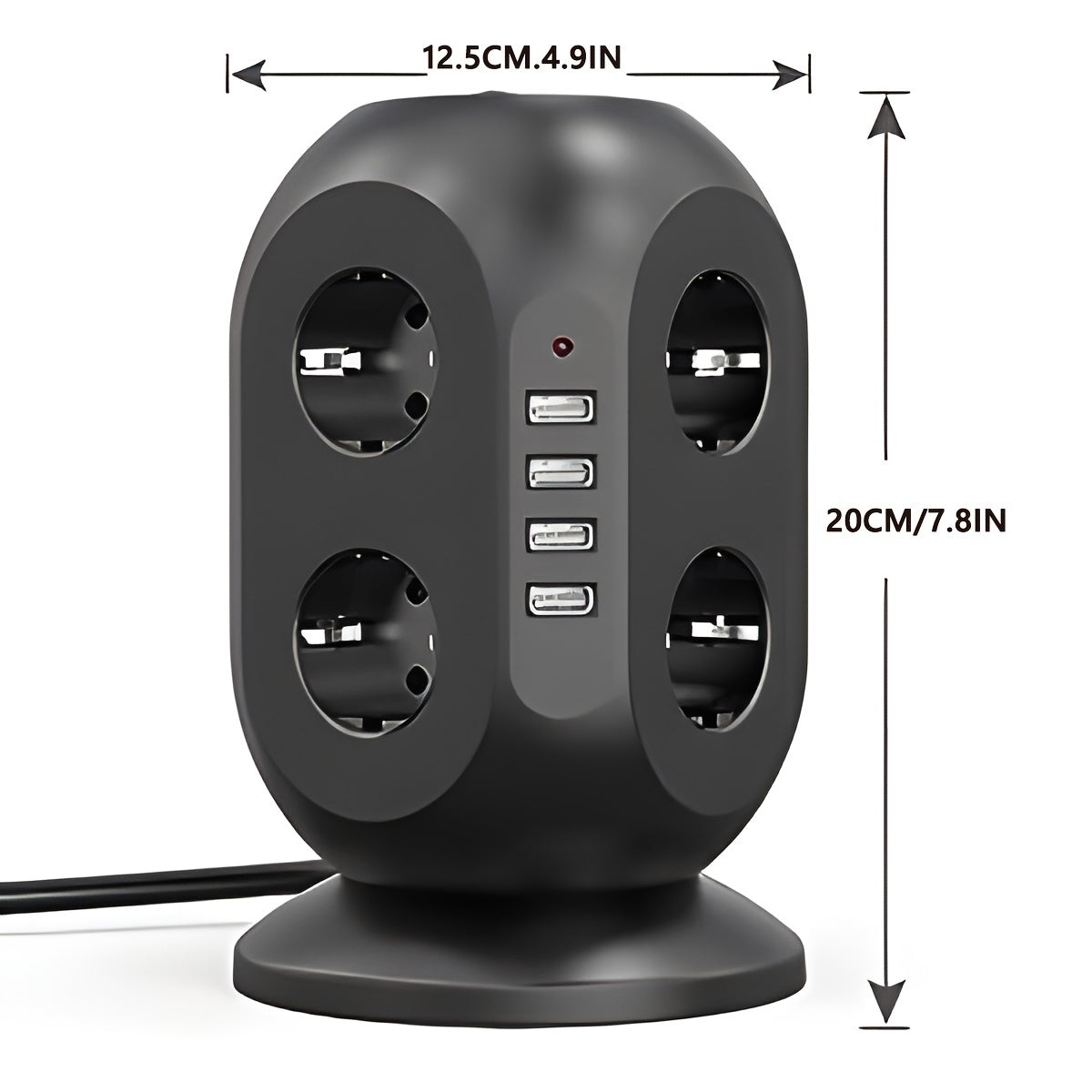 Power strip with 4 USBs, multi-socket tower, 1.8m extension cable, surge protection with dual switches for garden, office, kitchen.