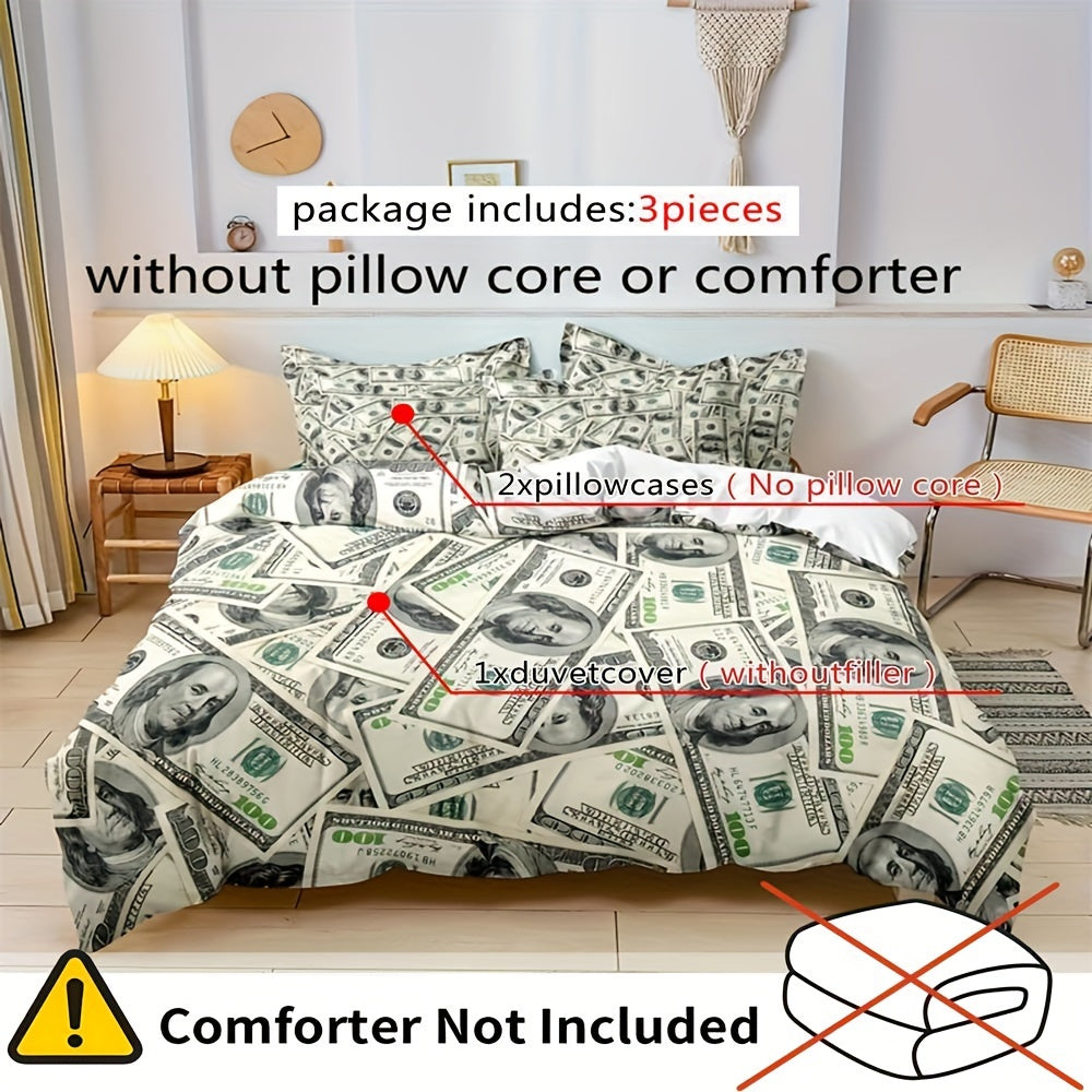 $100 print bilan Duvet qopqog'i to'plami, yotoqxona yoki mehmon xona uchun uch qismli to'plam. Yumshoq va qulay duvet qopqog'i va 2 ta yostiq qopqog'ini o'z ichiga oladi. Duvet yadrosi kirmaydi.